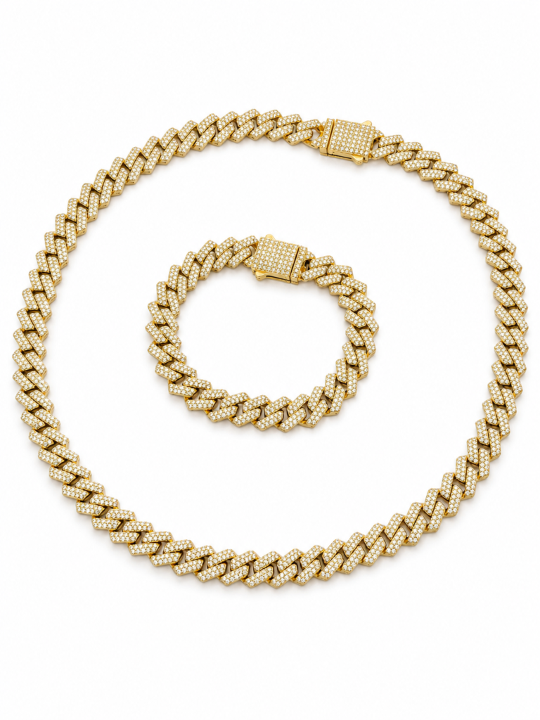 Set cuban aur 18K Miami Ice, colier 55cm și brățară 21cm