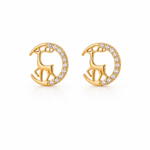 Cercei Lună cu Căprioară din Oțel Inoxidabil Placați cu Aur 18K, Zirconii 1 cm x 1 cm
