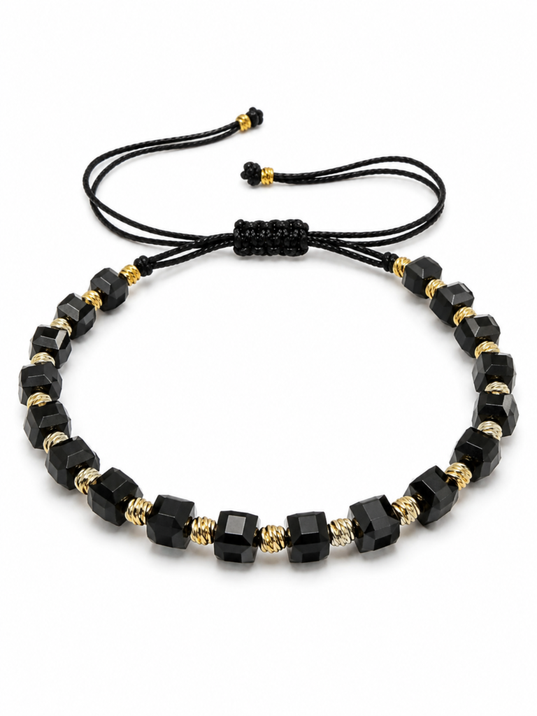 Brățară Onix Negru „Midnight Bond" – Placat Aur 18K, Șnur Reglabil