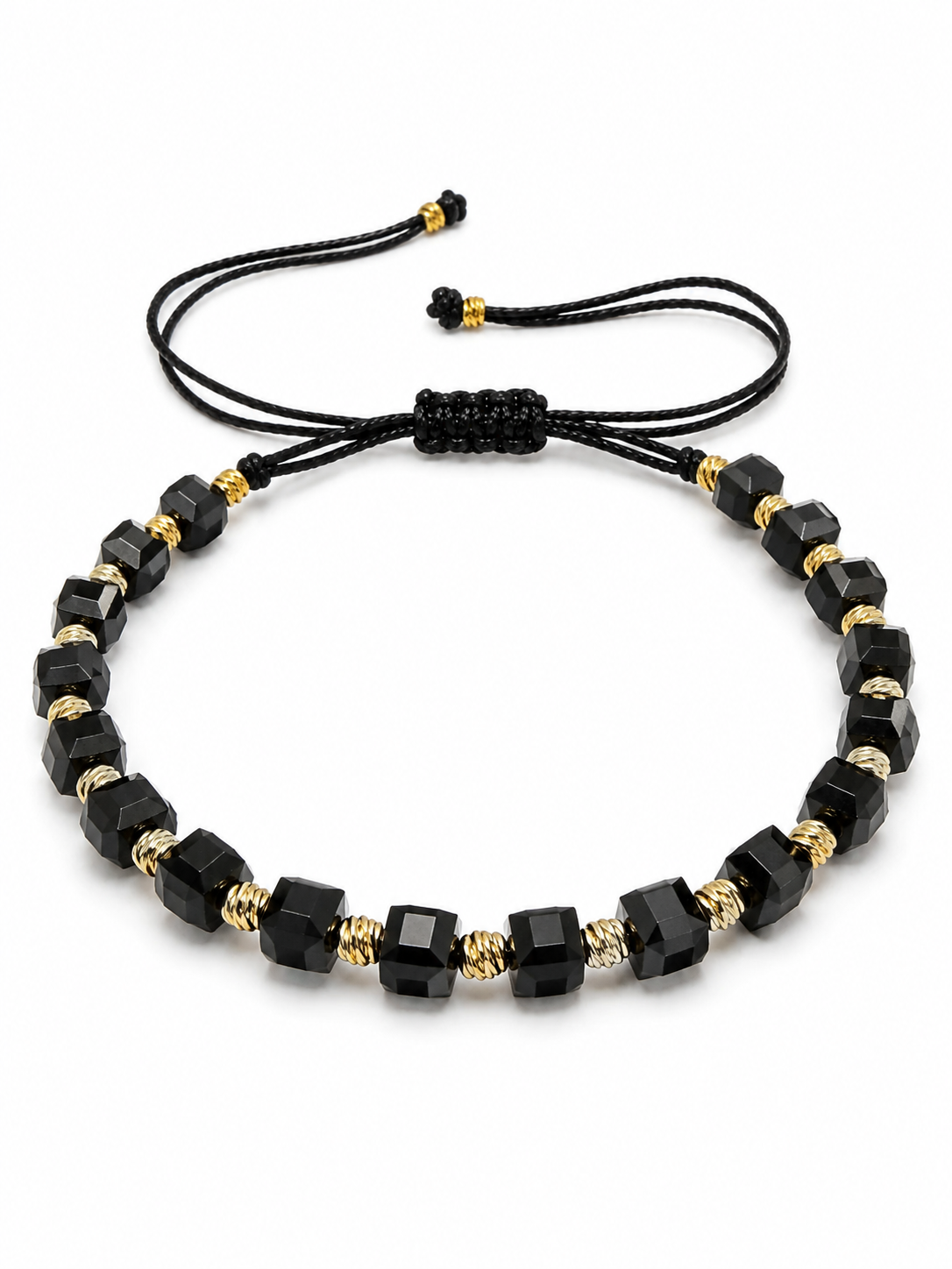 Brățară Onix Negru „Midnight Bond" – Placat Aur 18K, Șnur Reglabil
