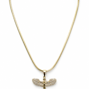 Colier Lanț Șarpe cu Pandantiv Cruce Înaripată “Guardian Angel” - Placat Aur 18K, 60cm