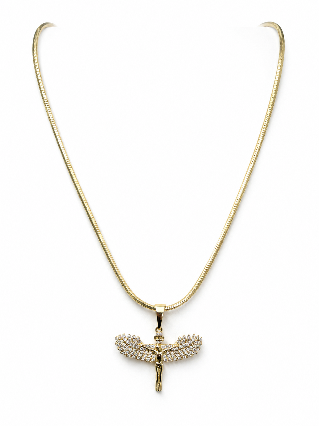 Colier Lanț Șarpe cu Pandantiv Cruce Înaripată “Guardian Angel” - Placat Aur 18K, 60cm