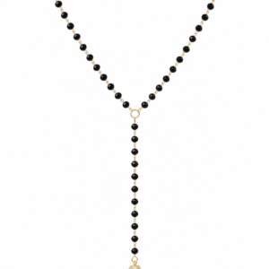 Colier Lariat “Midnight Drop” – Mărgele Negre Fațetate cu Pandantiv Bilă Pavată Aur 18K