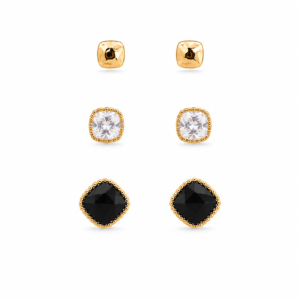 Set 3 Perechi Cercei Stud REMIORO Placati cu Aur 18K – Cristal Transparent, Negru & Auriu Minimalist