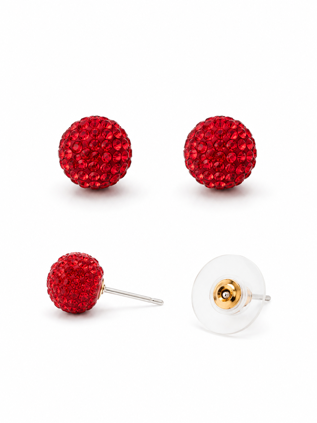 Cercei Bilă Pavată “Ruby Sphere” - Oțel Inoxidabil cu Pietre de Sticlă Roșii, 4mm