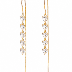 Cercei lungi cu inimioare din zirconiu, placați cu aur 18K, 6,5 cm – Eleganță strălucitoare REMIORO
