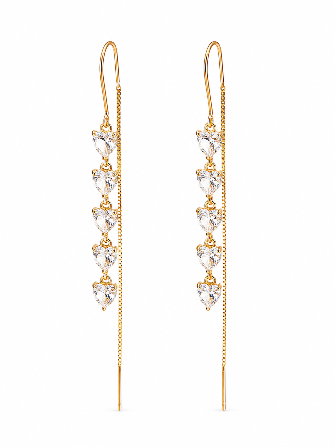 Cercei lungi cu inimioare din zirconiu, placați cu aur 18K, 6,5 cm – Eleganță strălucitoare REMIORO