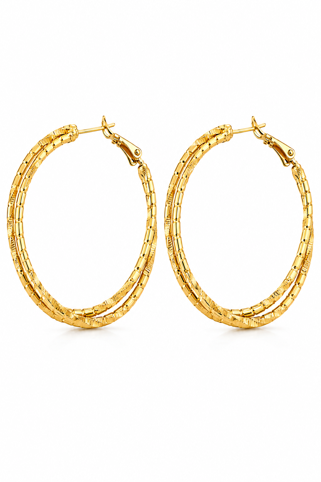 Cercei Creole Duble Texturate “Twin Halo” - Placați Aur 18K, Diametru 5cm