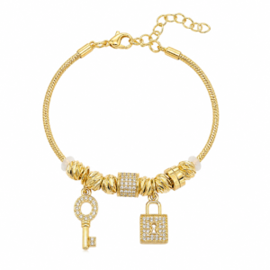 Brățară “Key to My Heart” cu Pandantive Cheiță și Lacăt, Placată Aur 18K, 16+4cm