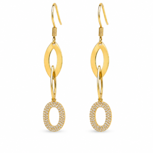 Cercei Lungi Placati cu Aur 18K, Design Geometric cu Zirconii, Prindere French Hook, 6 cm