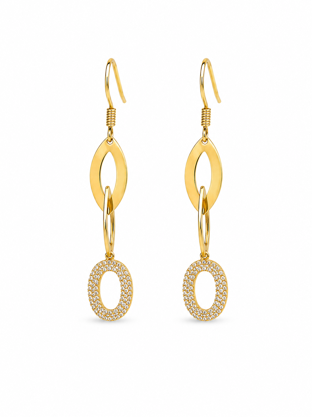 Cercei Lungi Placati cu Aur 18K, Design Geometric cu Zirconii, Prindere French Hook, 6 cm