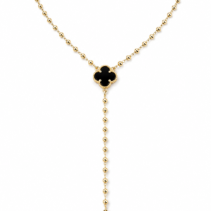 Colier Lariat Trifoi Onix “Black Clover” Placat Aur 18K, 36+4cm