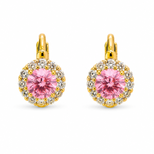 Cercei eleganți cu piatră roz centrală de 6mm, înconjurată de halou de zirconii albe. Placați cu aur 18k, design clasic și rafinat