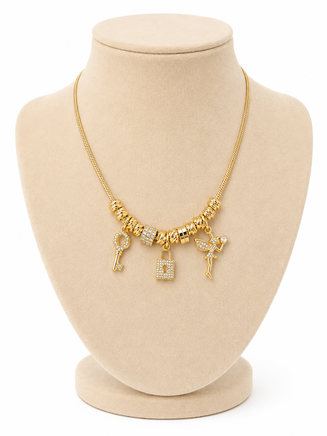 Colier “Charm Story” cu Pandantive – Cheiță, Lacăt și Zână, Placat Aur 18K, 40+5cm - imagine 2
