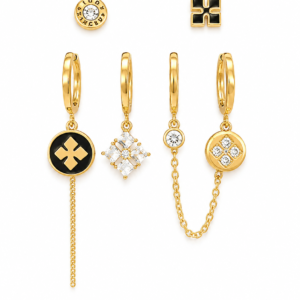 Set 6 cercei placați cu aur 18K pentru ureche – Lanț dublu, zirconiu și email negru – Multi Piercing