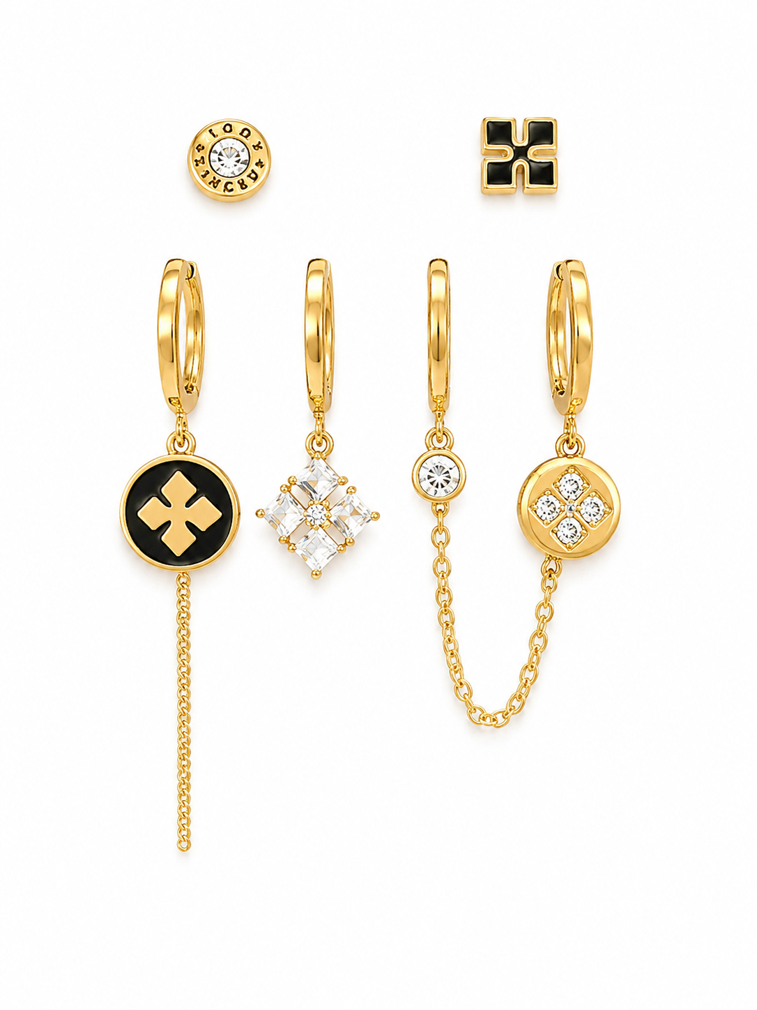 Set 6 cercei placați cu aur 18K pentru ureche – Lanț dublu, zirconiu și email negru – Multi Piercing