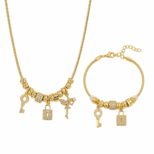 Set Colier și Brățară “Key to My Heart” – Pandantive Cheiță și Lacăt, Placate Aur 18K