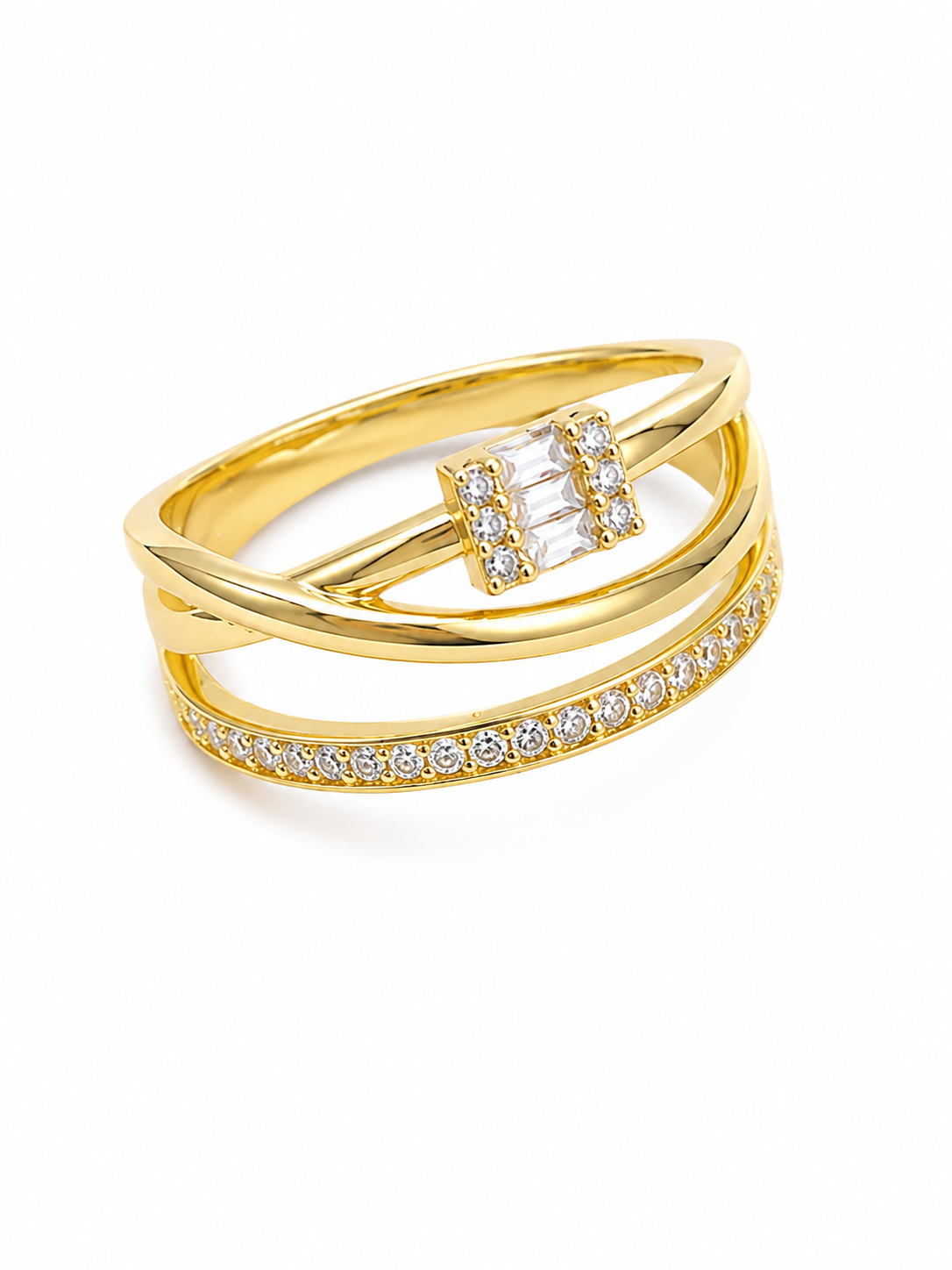 Inel Multi-Bandă Baghetă “Golden Layers” - Placat Aur 18K cu Zirconiu