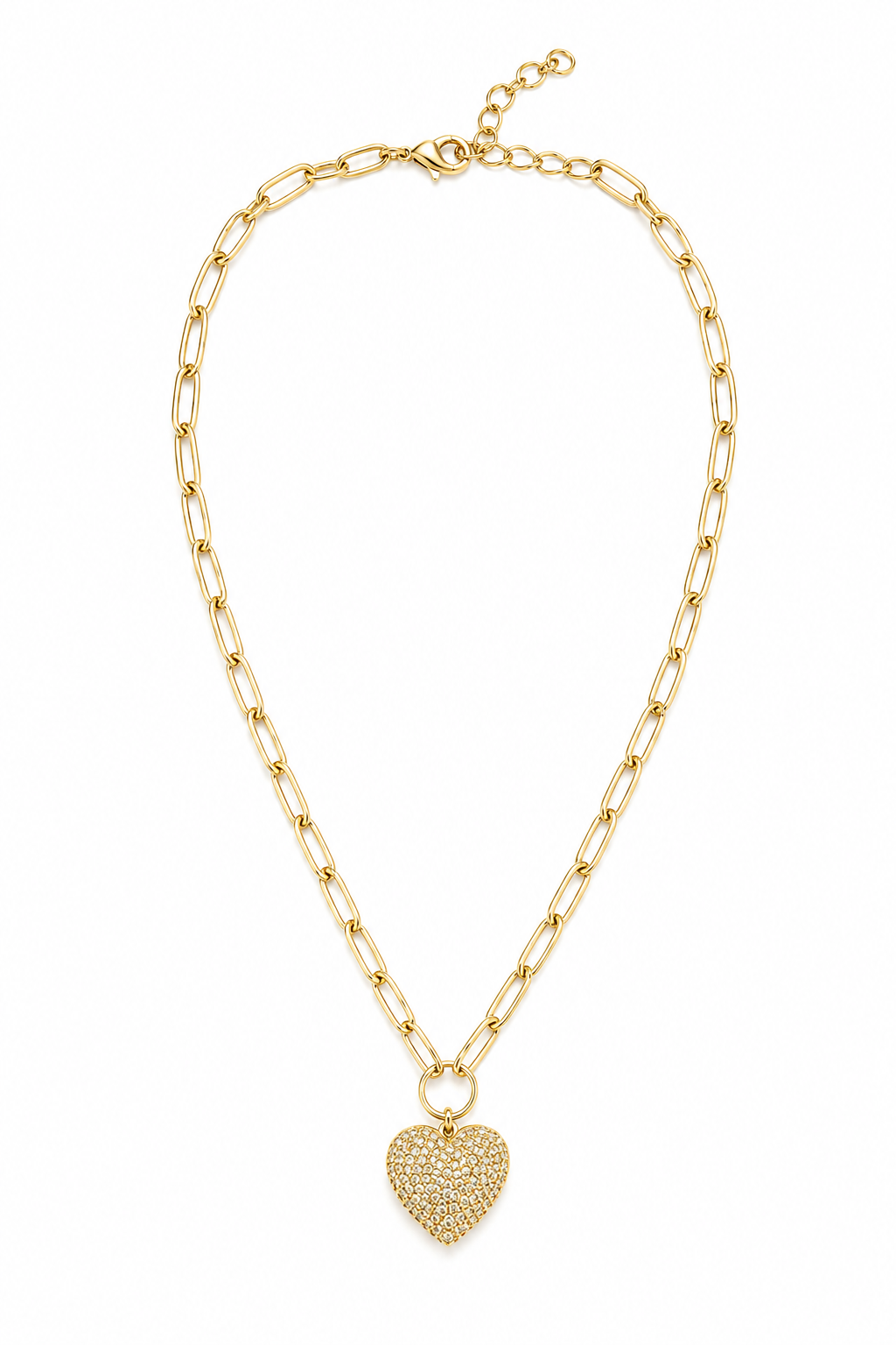 Colier Paperclip cu Pandantiv Inimă Pavată “Puff Heart” - Placat Aur 18K, 40+5cm