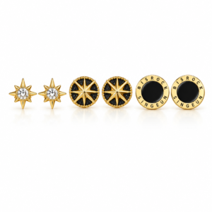 Set 6 cercei placați cu aur 18K pentru ureche – Stea cu zirconiu, busolă și cerc negru – Multi Piercing