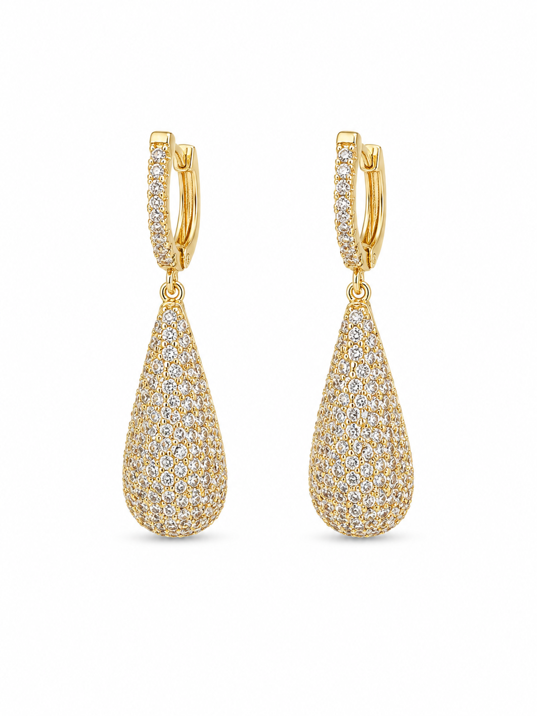 Cercei Creol Pavați cu Pandantivi Picătură “Teardrop Glamour” - Placat Aur 14K cu Zirconiu, 4.5cm