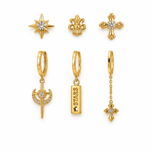 Set 6 cercei placați cu aur 18K pentru ureche – Stea, cruce, STARS și lanț – Zirconiu