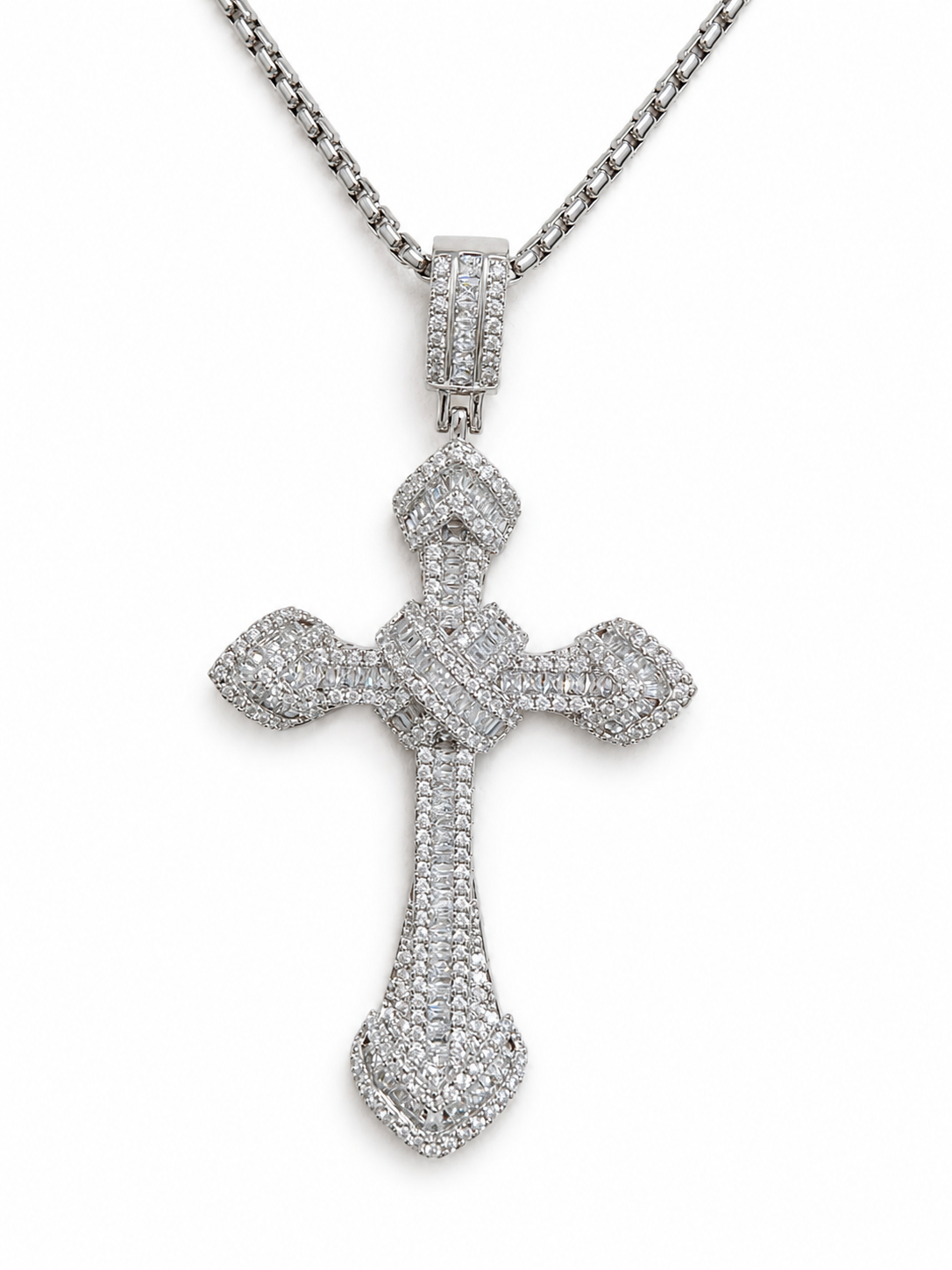 Colier Cruce Barocă Ornamentală “Royal Guard” - Oțel Inoxidabil 316L, Placat Rodiu, 70cm