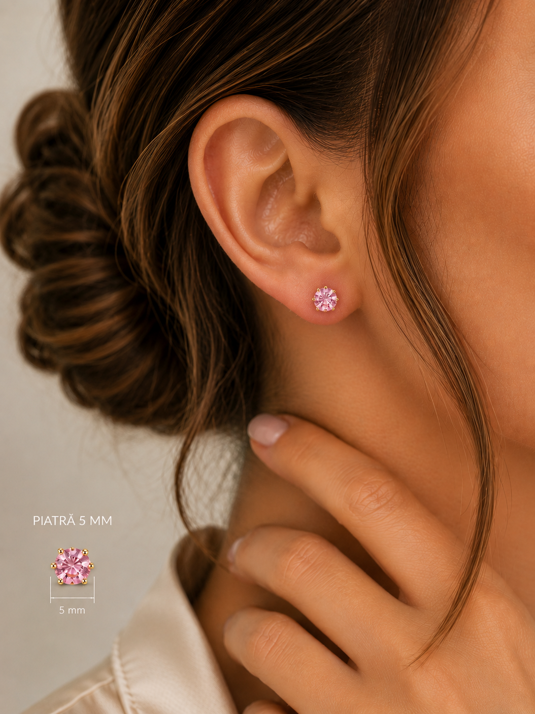 Cercei “Petală de Cireș” Solitaire Roz, Aur 18k, piatra 5 mm - imagine 2