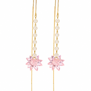 Cercei lungi cu perle și floare roz din zirconiu, placați cu aur 18K, 6,5 cm – Eleganță delicată REMIORO