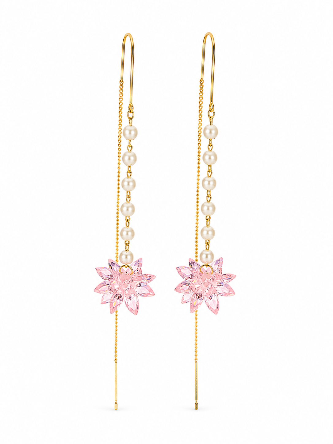 Cercei lungi cu perle și floare roz din zirconiu, placați cu aur 18K, 6,5 cm – Eleganță delicată REMIORO