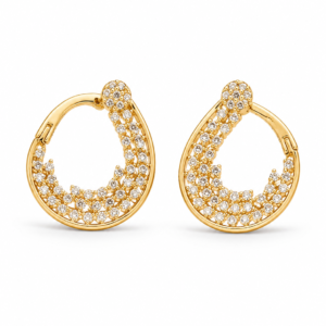 Cercei Creoli Aurii placați cu aur 18k Pavaj Zirconii Albe “Cascadă” 2cm