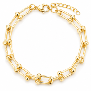 Brățară Paperclip “Charm Elegance” - Placat Aur 18K cu Bile Atârnate, 16+5cm