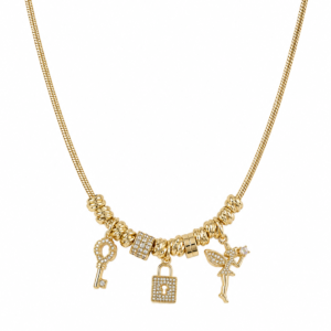 Colier “Charm Story” cu Pandantive – Cheiță, Lacăt și Zână, Placat Aur 18K, 40+5cm