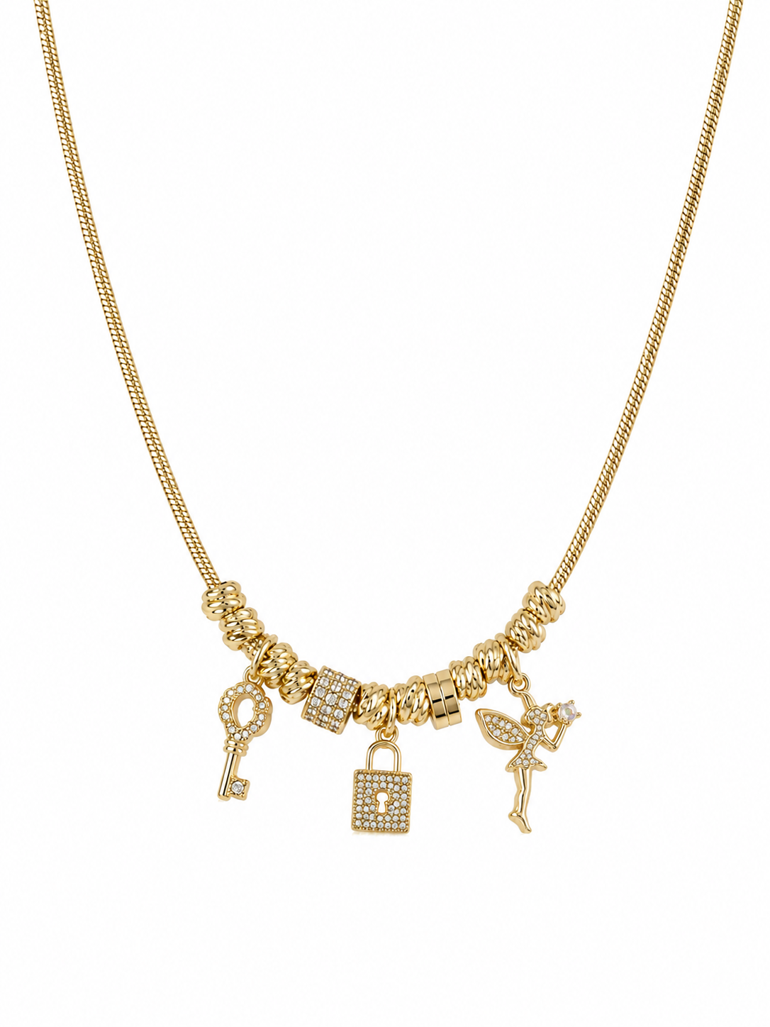 Colier “Charm Story” cu Pandantive – Cheiță, Lacăt și Zână, Placat Aur 18K, 40+5cm