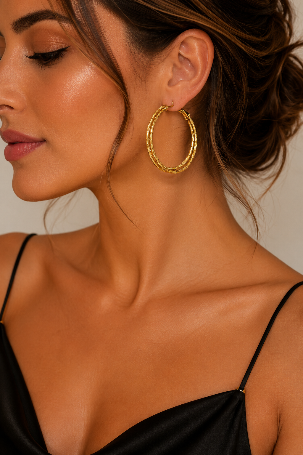 Cercei Creole Duble Texturate “Twin Halo” - Placați Aur 18K, Diametru 5cm - imagine 2