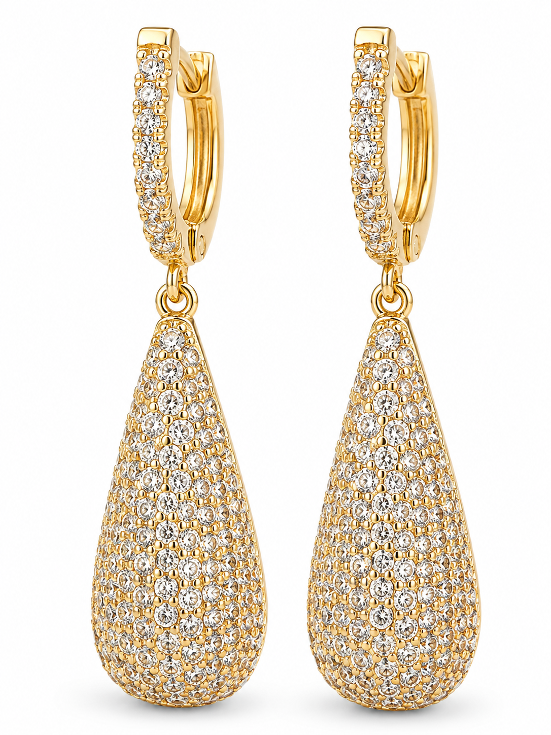 Cercei Creol Pavați cu Pandantivi Picătură “Teardrop Glamour” - Placat Aur 14K cu Zirconiu, 4.5cm - imagine 3