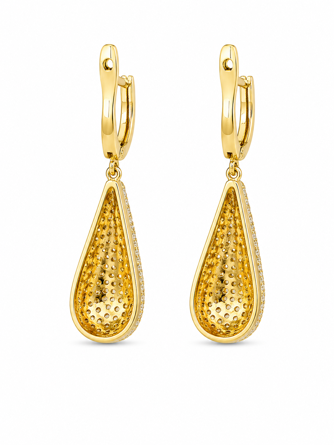 Cercei Creol Pavați cu Pandantivi Picătură “Teardrop Glamour” - Placat Aur 14K cu Zirconiu, 4.5cm - imagine 4