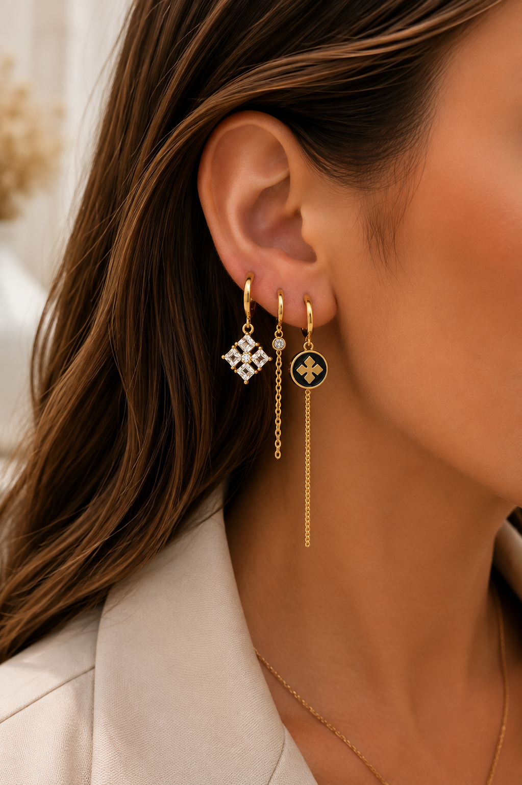 Set 6 cercei placați cu aur 18K pentru ureche – Lanț dublu, zirconiu și email negru – Multi Piercing - imagine 3