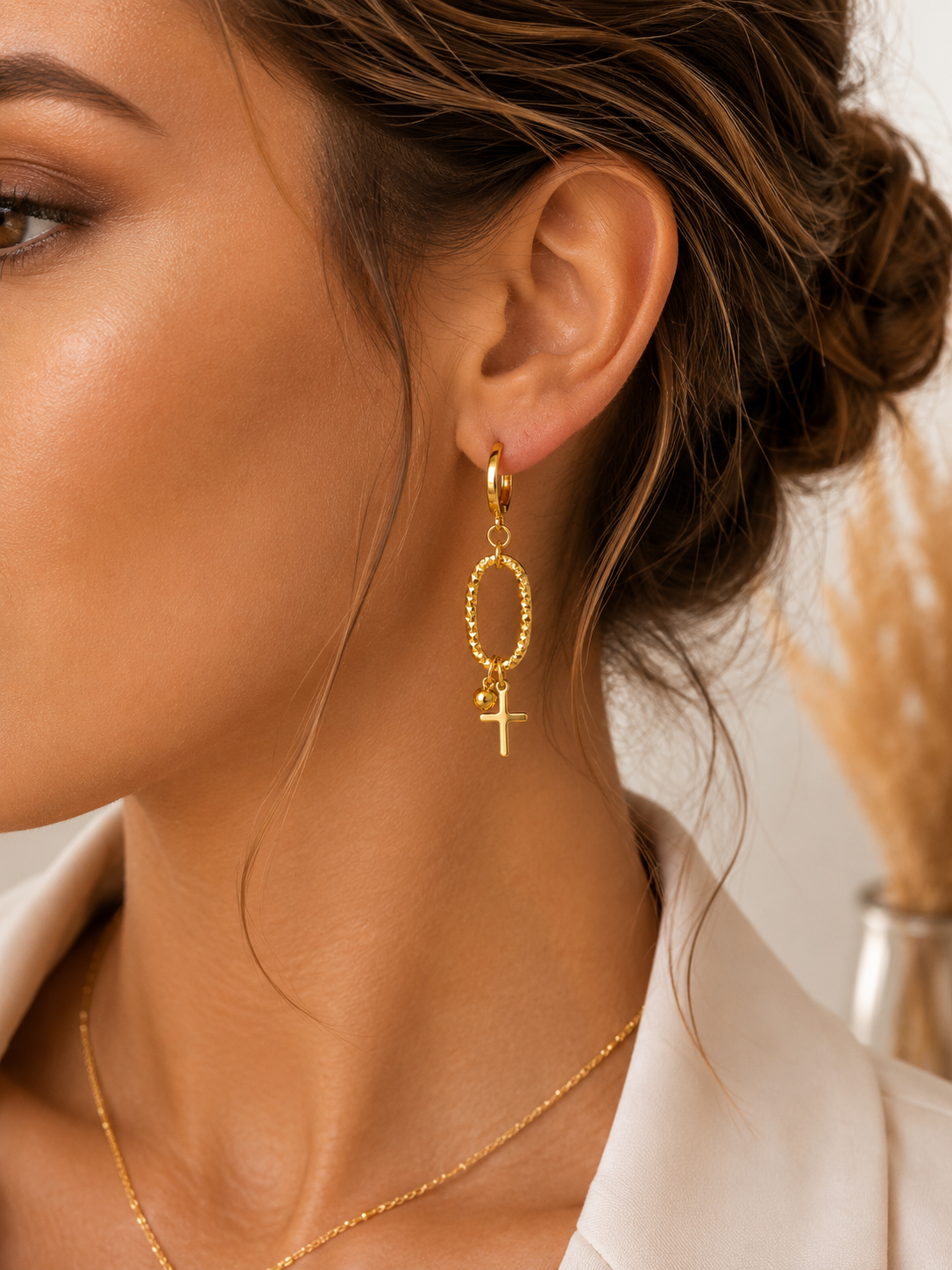 Cercei Lungi Damă cu Cruce, Placati cu Aur 18K, Design Geometric, 4.5 cm, Eleganți – REMIORO - imagine 2
