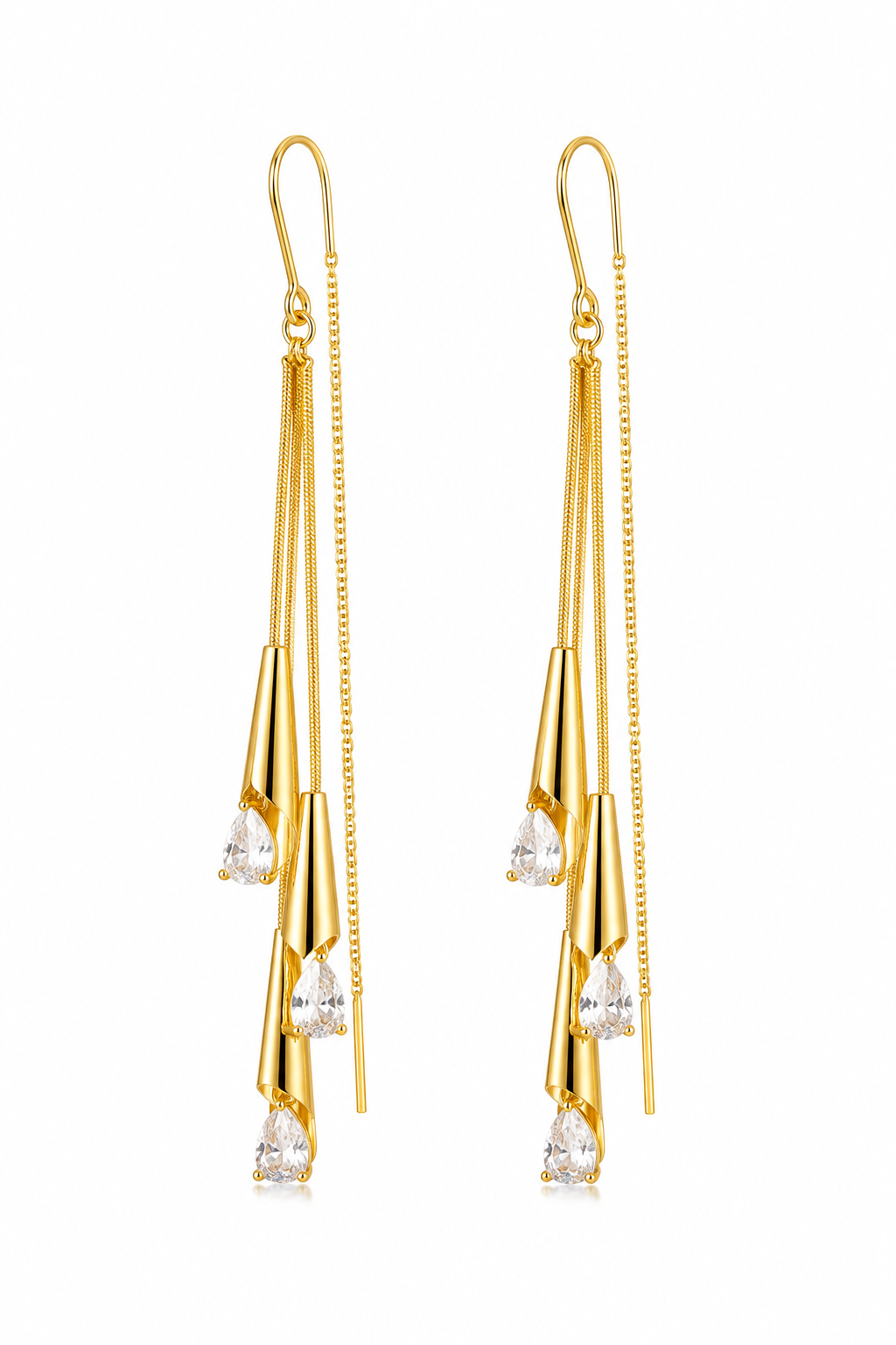 Cercei Lungi “Falling Drops” – Placați Aur 18K cu Zirconiu, 7cm