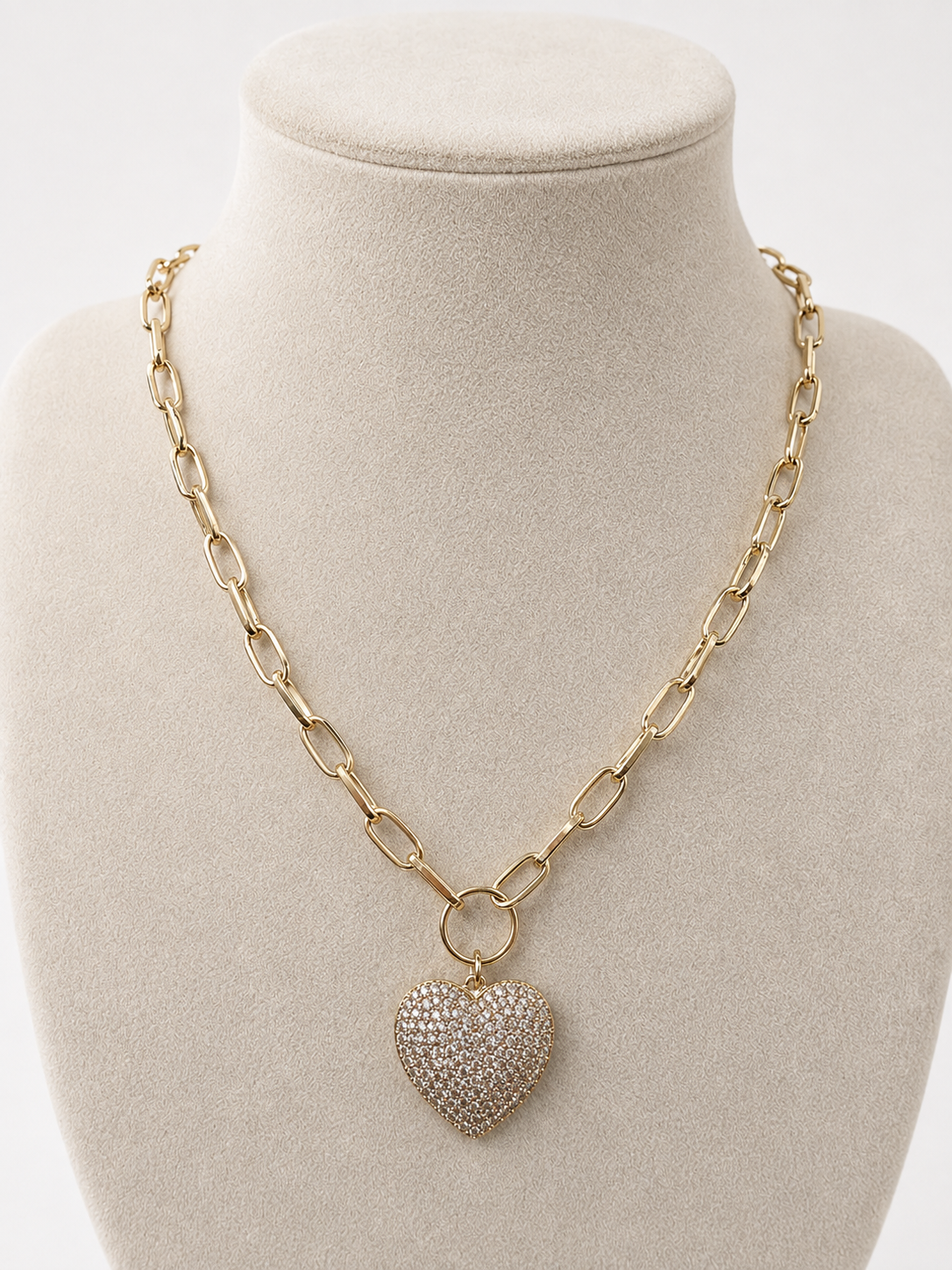 Colier Paperclip cu Pandantiv Inimă Pavată “Puff Heart” - Placat Aur 18K, 40+5cm - imagine 2