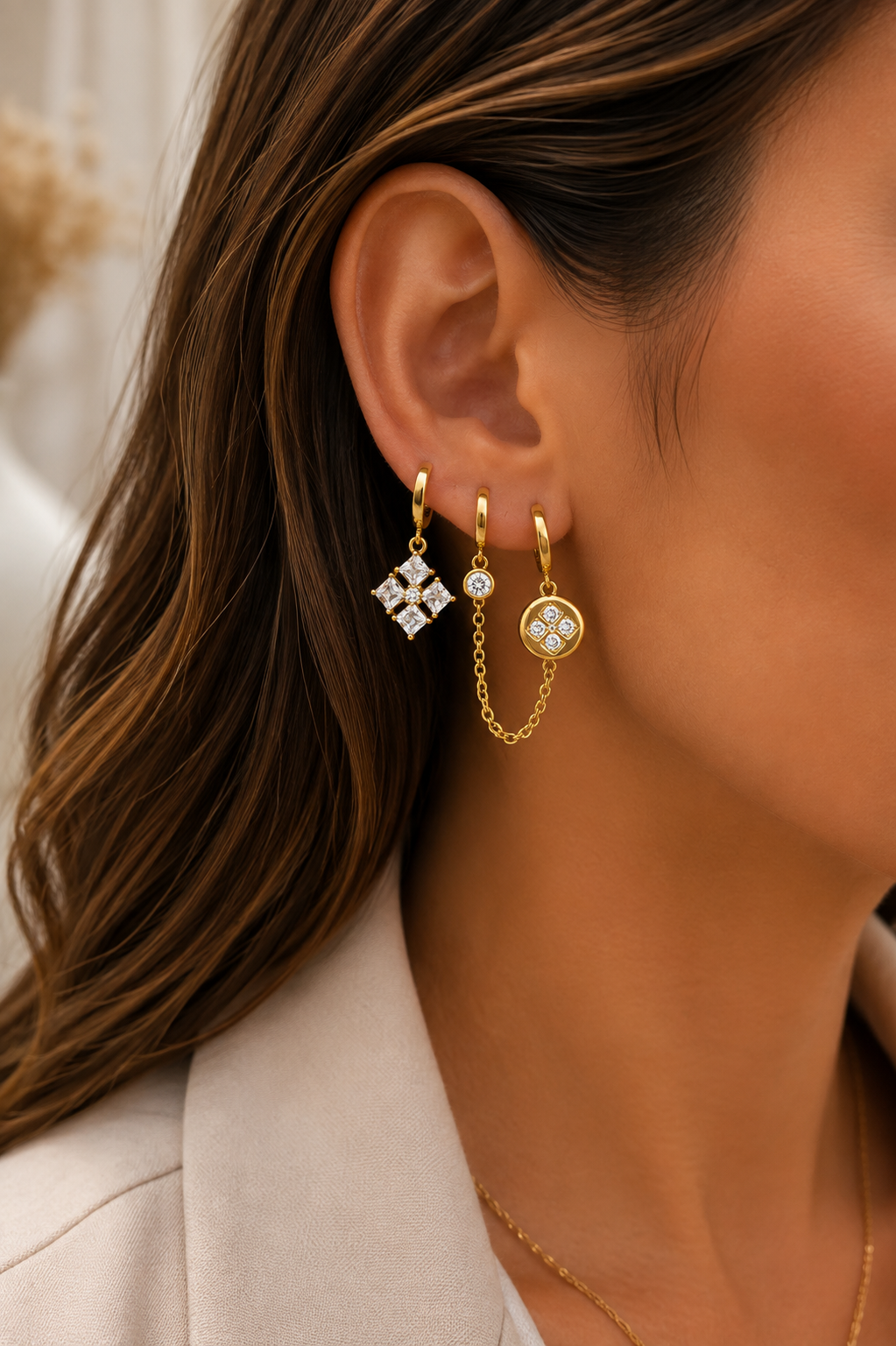 Set 6 cercei placați cu aur 18K pentru ureche – Lanț dublu, zirconiu și email negru – Multi Piercing - imagine 2