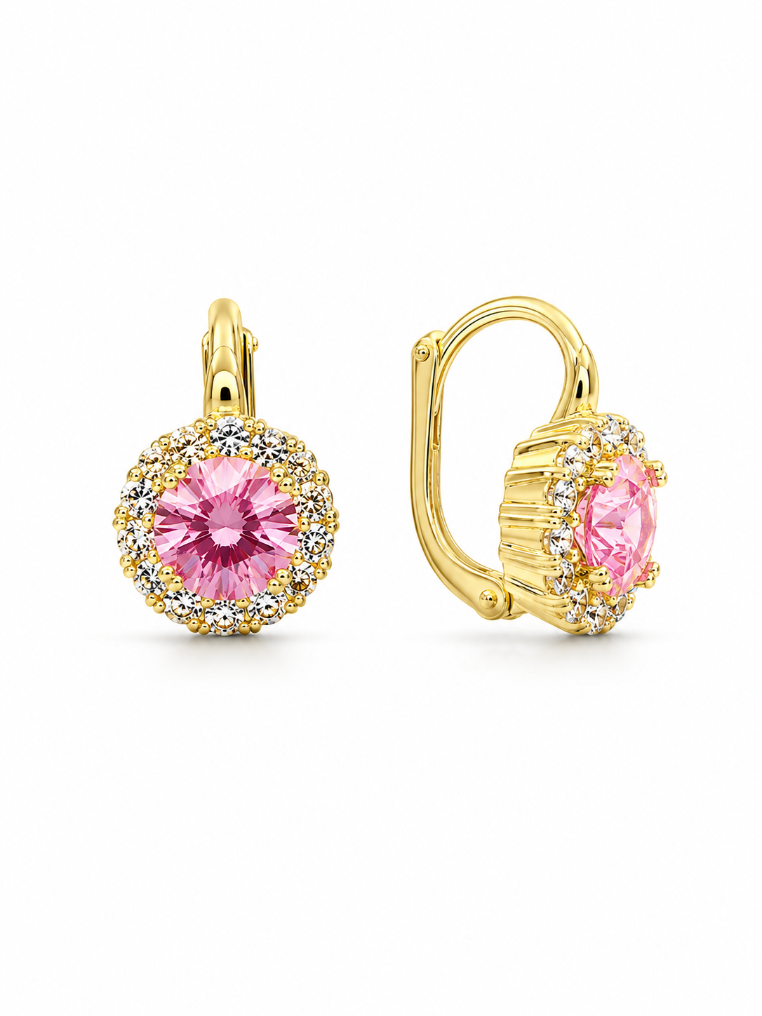 Cercei eleganți cu piatră roz centrală de 6mm, înconjurată de halou de zirconii albe. Placați cu aur 18k, design clasic și rafinat - imagine 3