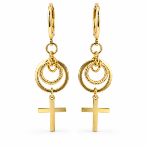Cercei Lungi cu Cercuri și Cruce, Placati cu Aur 18K, Oțel Inoxidabil, Eleganți, Rezistenți la Apă