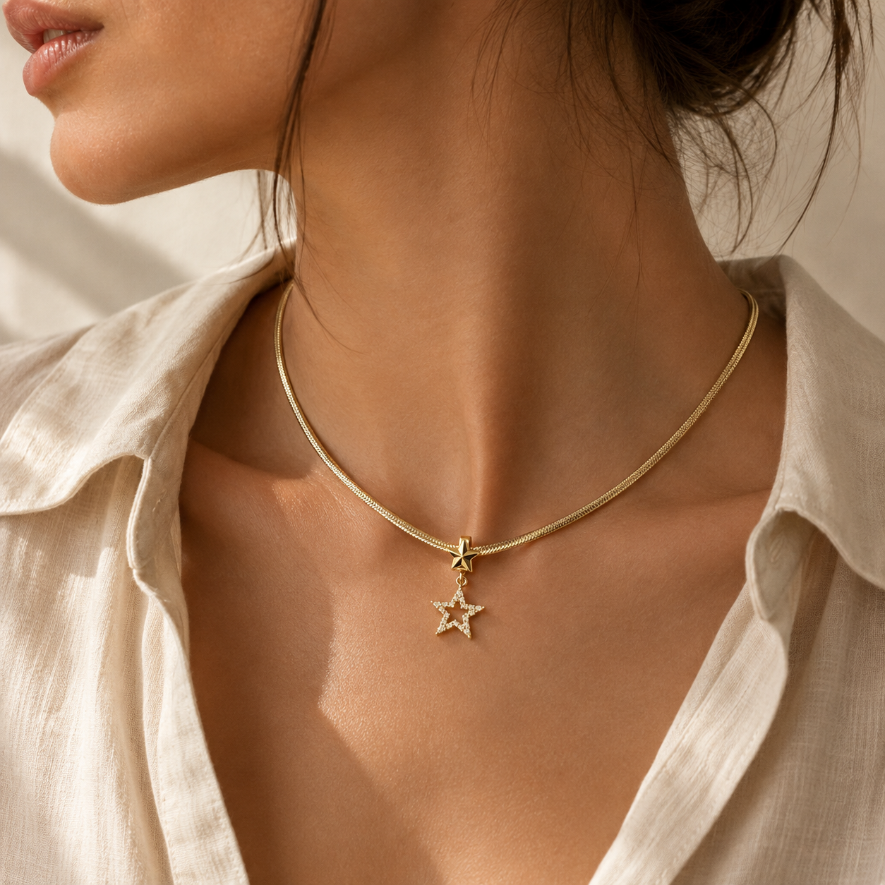 Colier Stea Aur 18K “Double Star” – Pandantiv Stea Dublă cu Zirconiu, 39+5cm - imagine 2