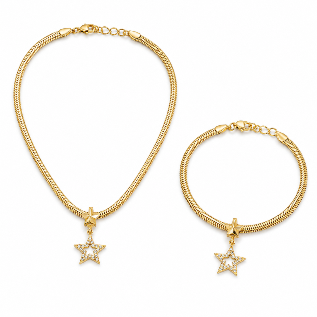 Set Colier și Brățară Aur 18K "Double Star" – Placat, Lanț Șarpe, Zirconii